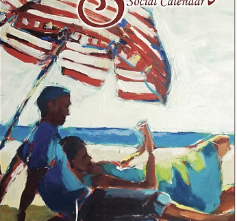 Two children playing on a beach under a red and white striped umbrella, with ocean and sky in the background.