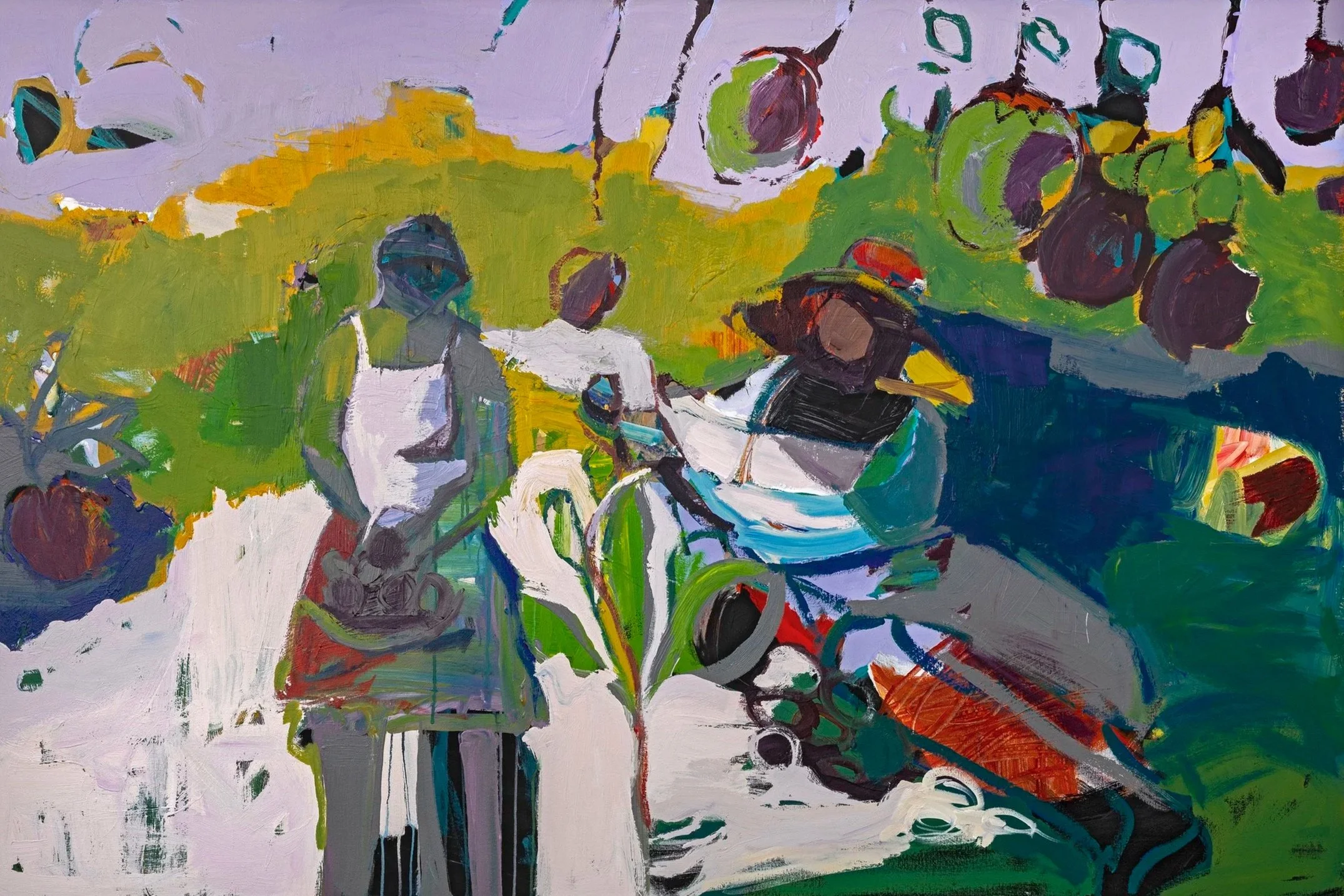 An abstract painting featuring a person riding a bicycle among green, yellow, purple, and red shapes and bold brushstrokes with a light purple background.