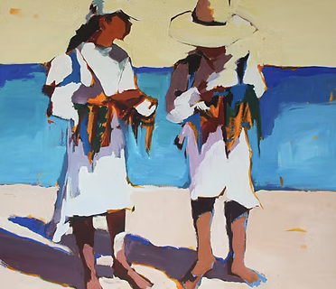 Two women in white dresses and large hats standing on a beach near the water, with their shadows cast on the sand.