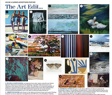 Collage of various art pieces including paintings of people on a beach, abstract landscapes, a lake scene with swans, a colorful boat, a flowering tree, an abstract striped pattern, butterflies, a ceramic vase, and a person in an art studio.