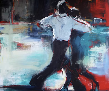Abstract painting of two dancers in white shirts and dark pants dancing closely.