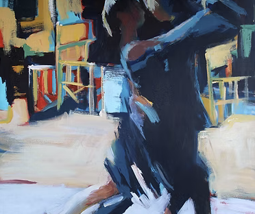 Painting of two people dancing outdoors with colorful background elements.