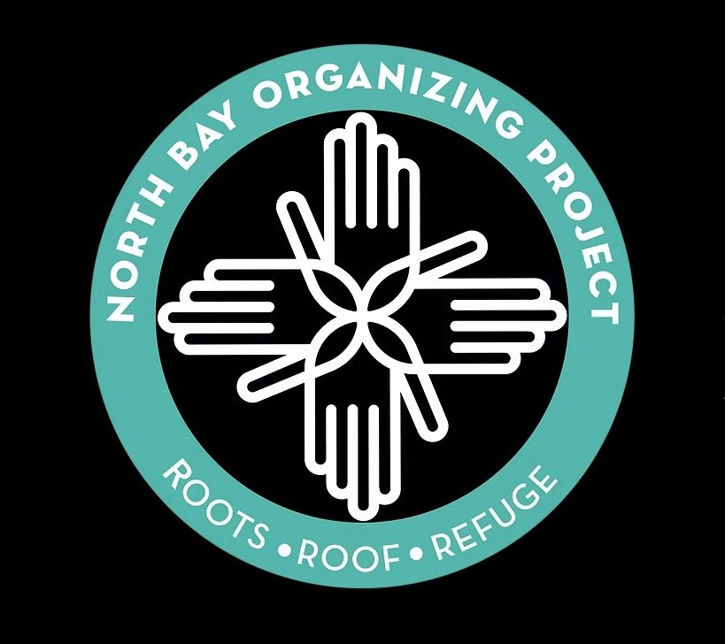 Logo for North Bay Organizing Project featuring interlocked hands and words 'Roots Roof Refuge'.
