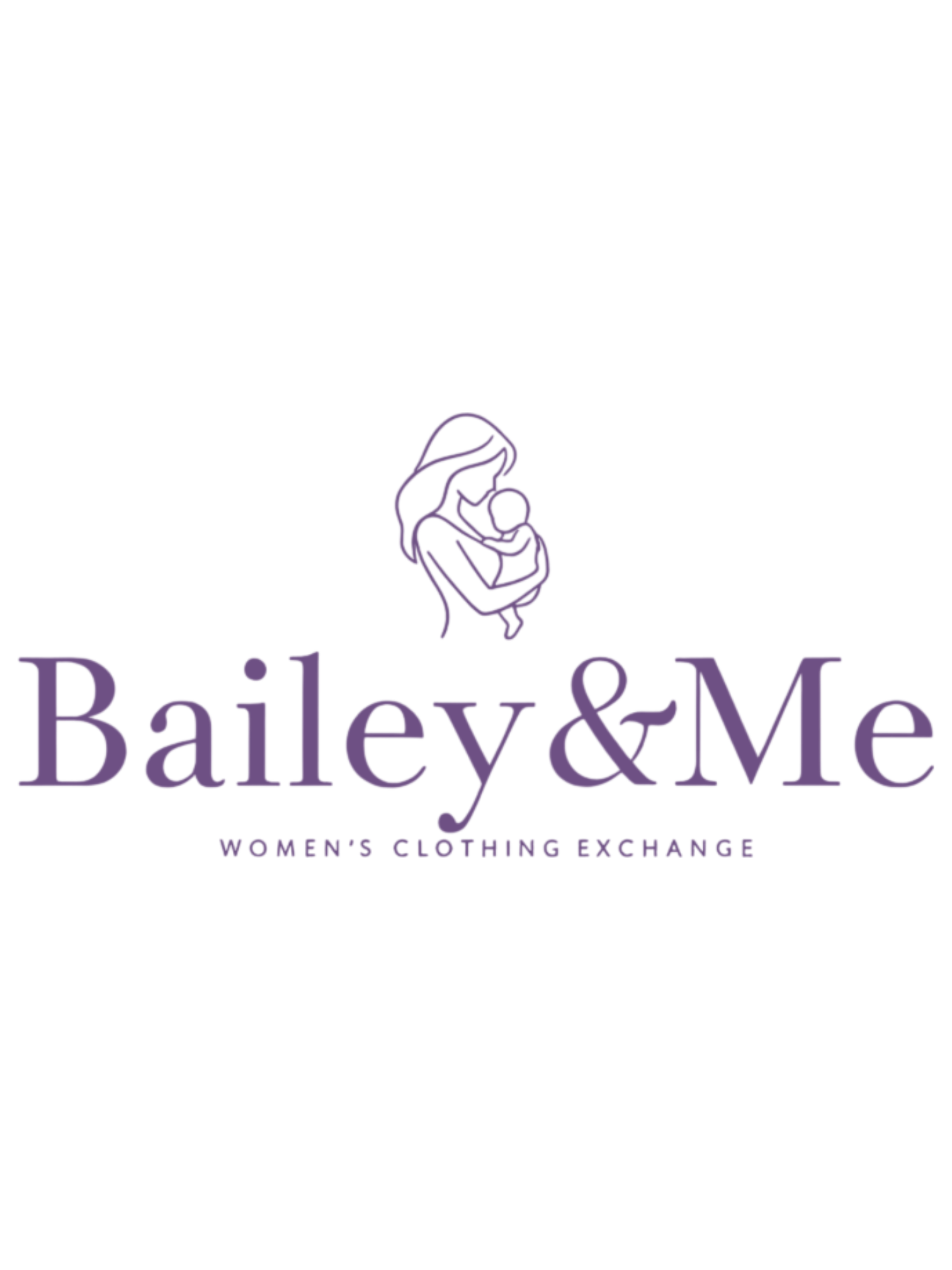 Logo for Bailey & Me Women's Clothing Exchange, featuring an outline of a woman holding a baby, with text in purple.