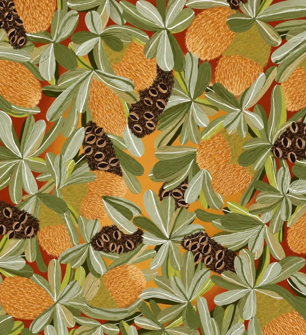 Pattern of tropical plants with green leaves, orange and green fluffy flowers, and black seed pods on a reddish-orange background.