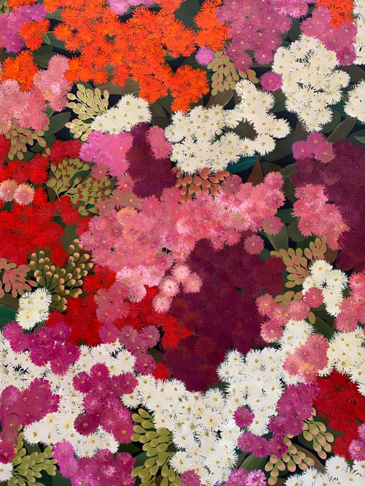 A digital illustration of a bouquet of various colorful flowers including pink, red, white, purple, and orange blossoms with green leaves.