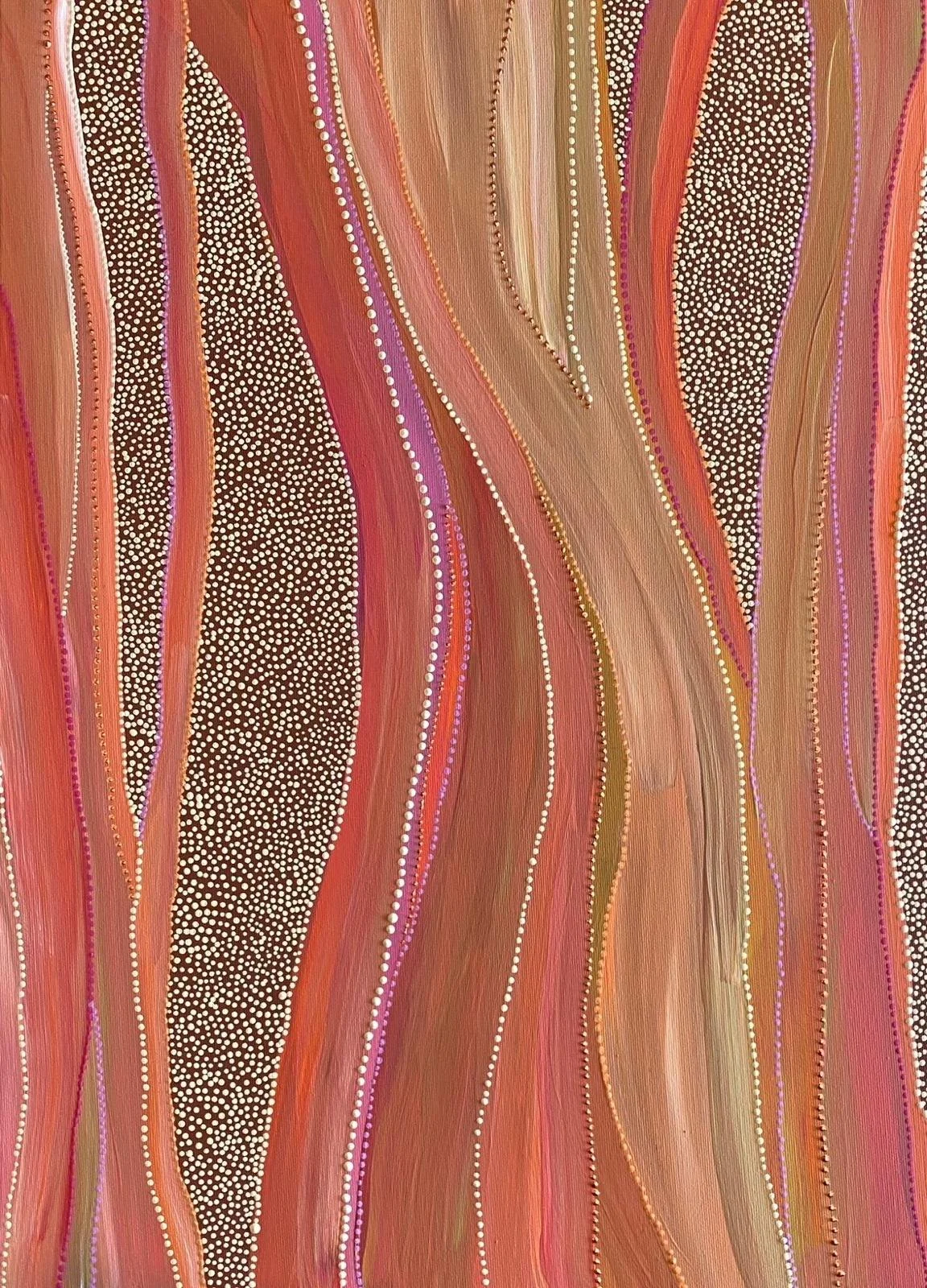 Abstract painting with wavy vertical lines in shades of red, orange, yellow, and brown, dotted with white, purple, and gold accents.