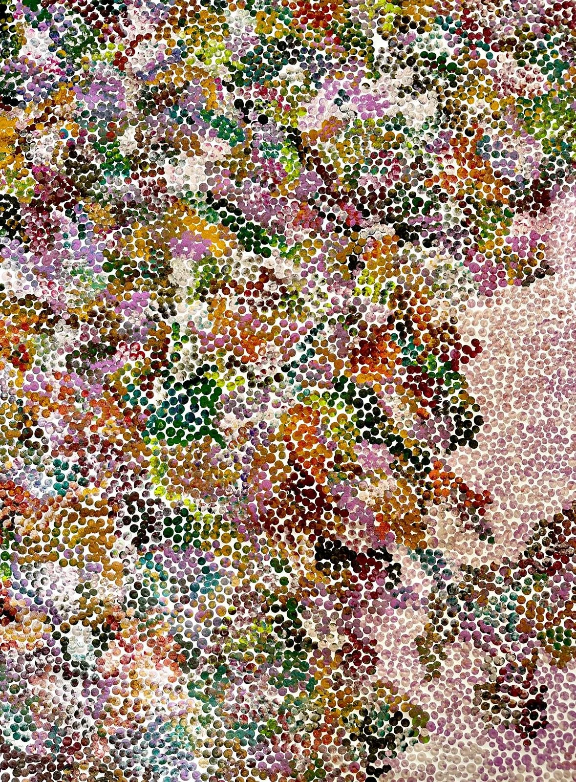 A colorful mosaic composed of numerous small, circular tiles arranged in an abstract pattern.