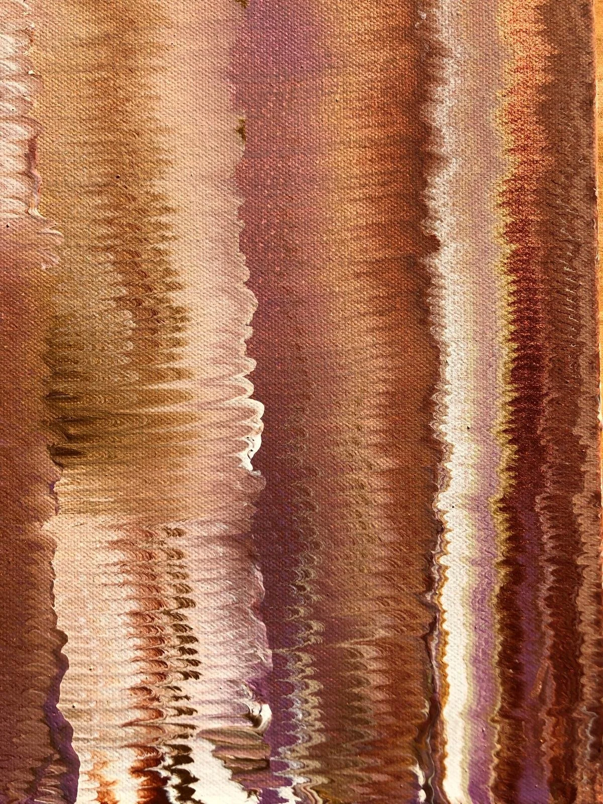 An abstract painting with vertical stripes in shades of brown, beige, pink, and purple, with a textured, layered appearance.