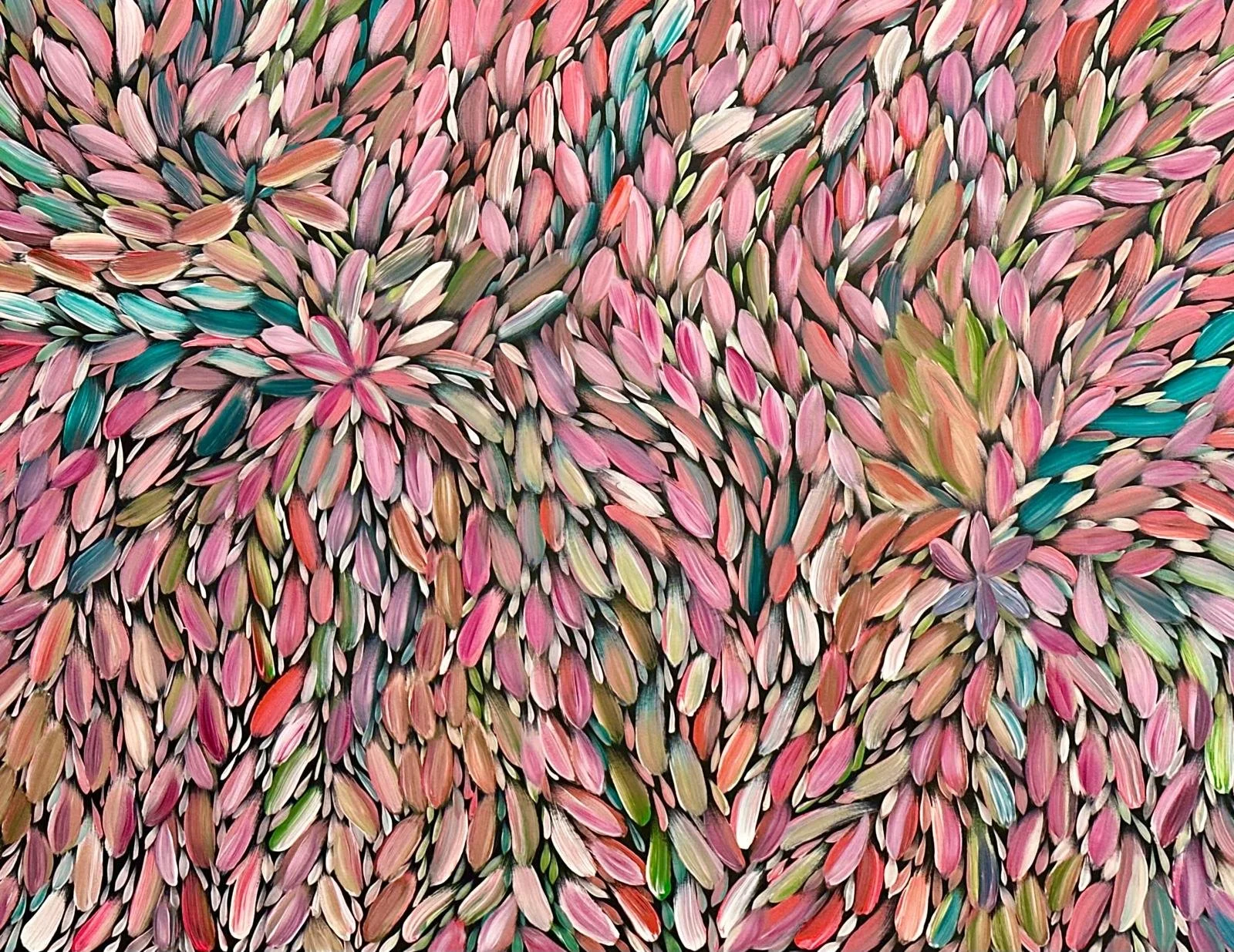 A vibrant abstract painting made up of numerous colorful petal-like strokes with shades of pink, purple, green, blue, and brown.