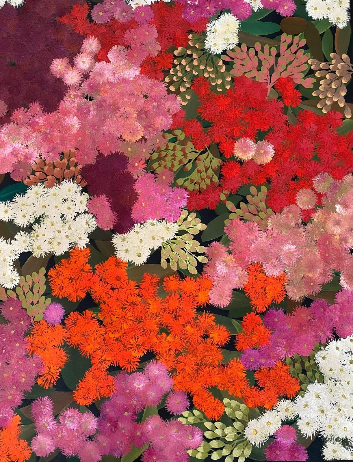 A colorful painting of various flowers, including white, pink, purple, red, and orange blossoms, set against a dark background with green leaves.