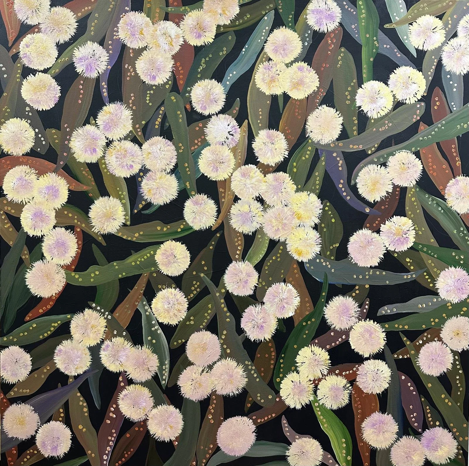 A painting of white and light purple fluffy flowers surrounded by green, brown, and purple leaves on a dark background.