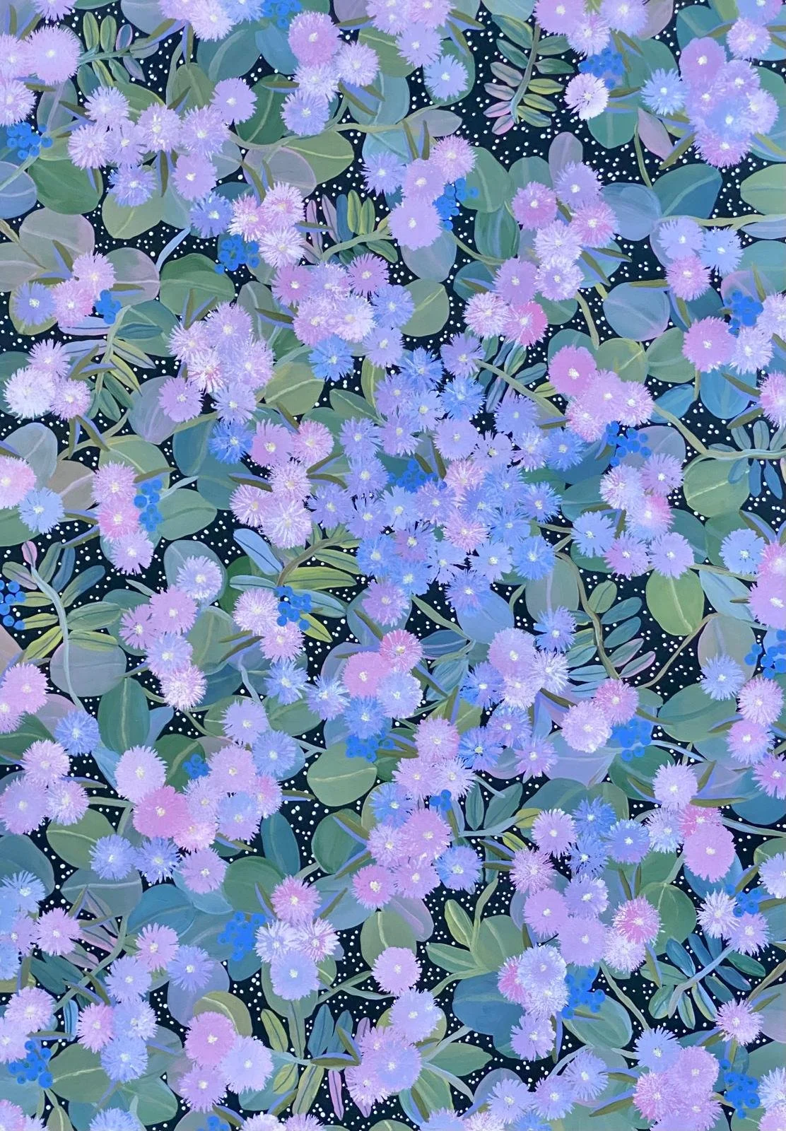 A digital illustration of purple and blue flowers with green leaves on a black background with white dots.