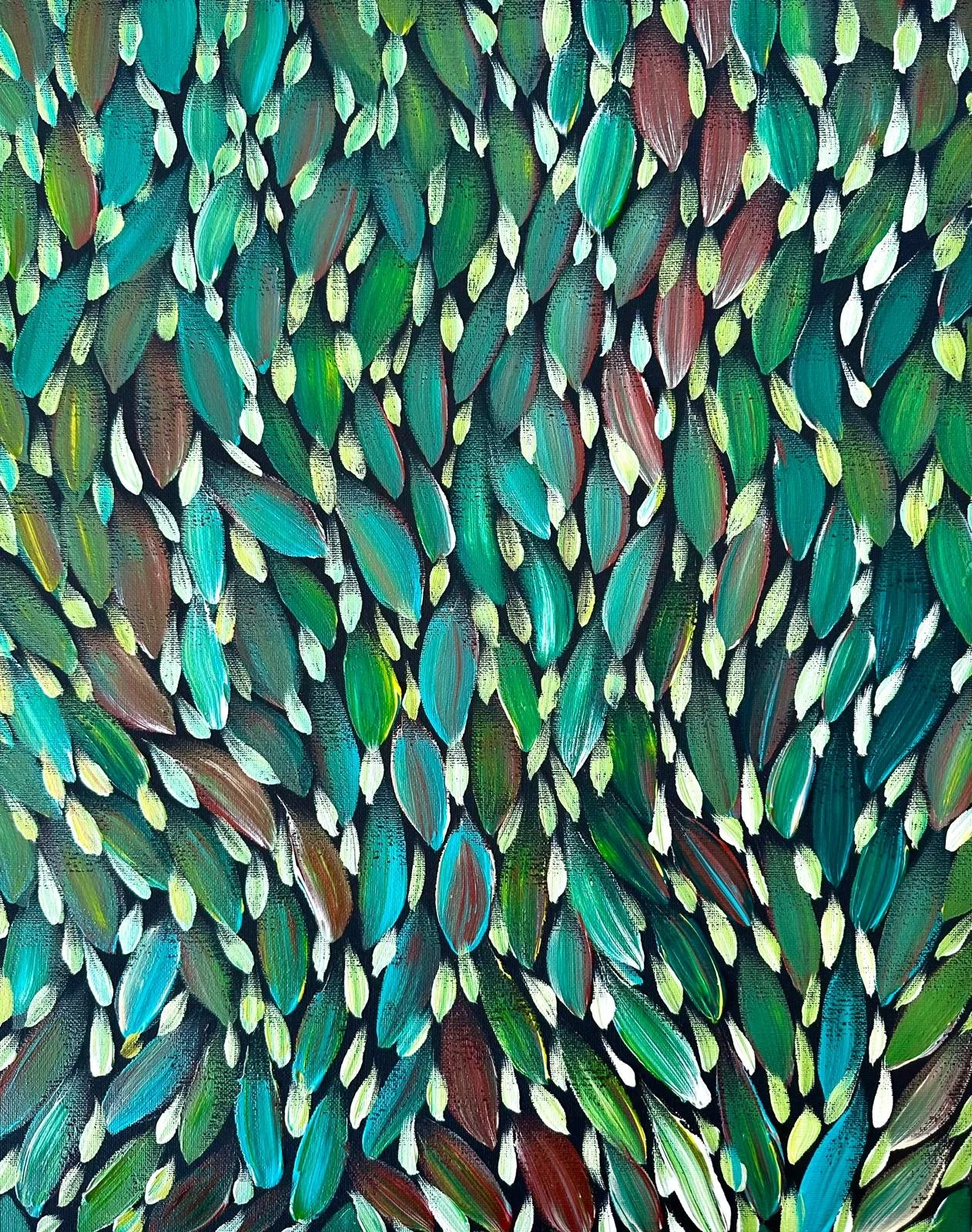 Close-up of an abstract painting resembling overlapping green, teal, blue, brown, and white leaves or petals.