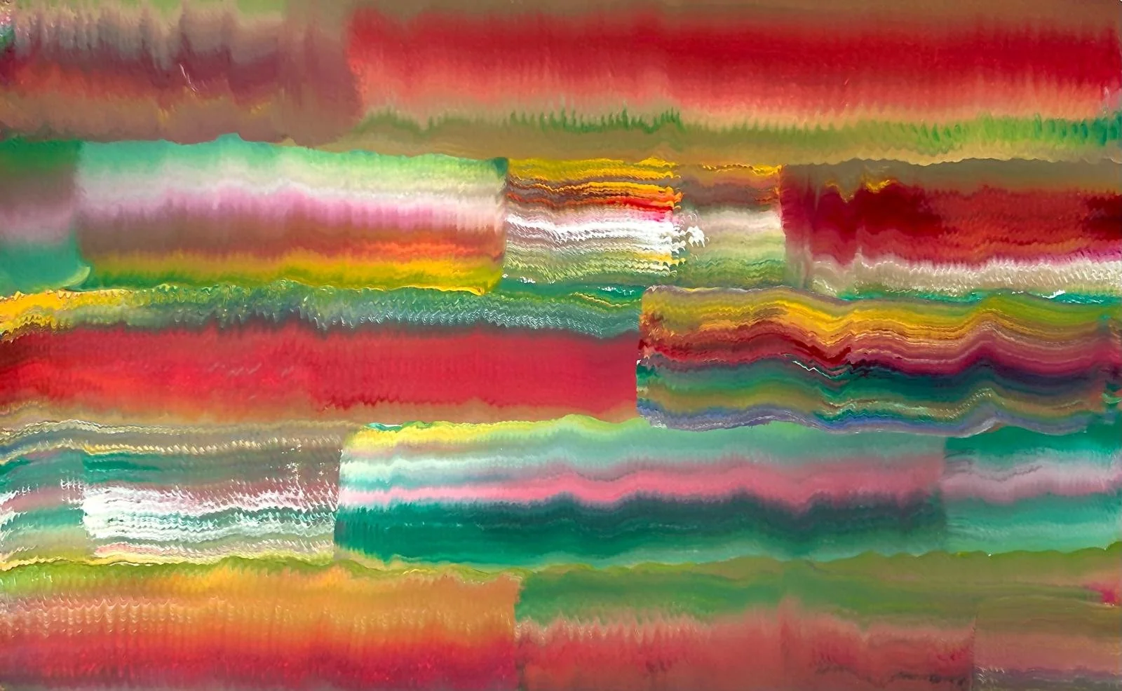 Colorful abstract painting with horizontal streaks of red, green, yellow, pink, and white.