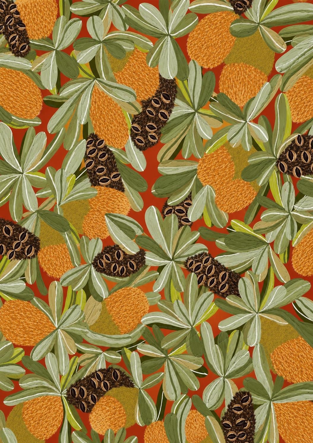 Illustration of green leaves, orange spiky fruit, and clusters of black seed pods with white stripes, on a red background.
