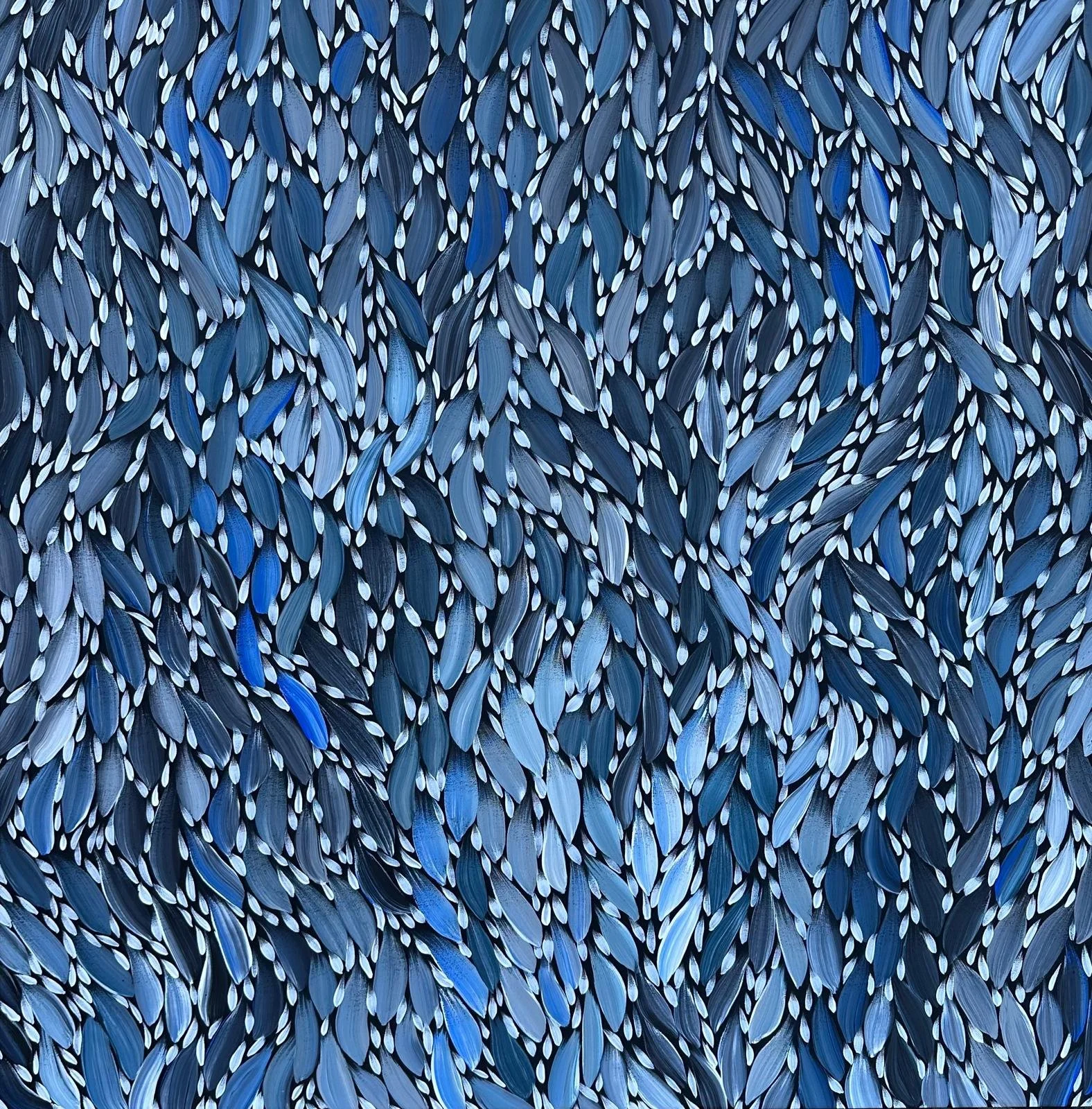 A detailed and colorful painting of flower petals in shades of blue, arranged closely together to fill the entire image.