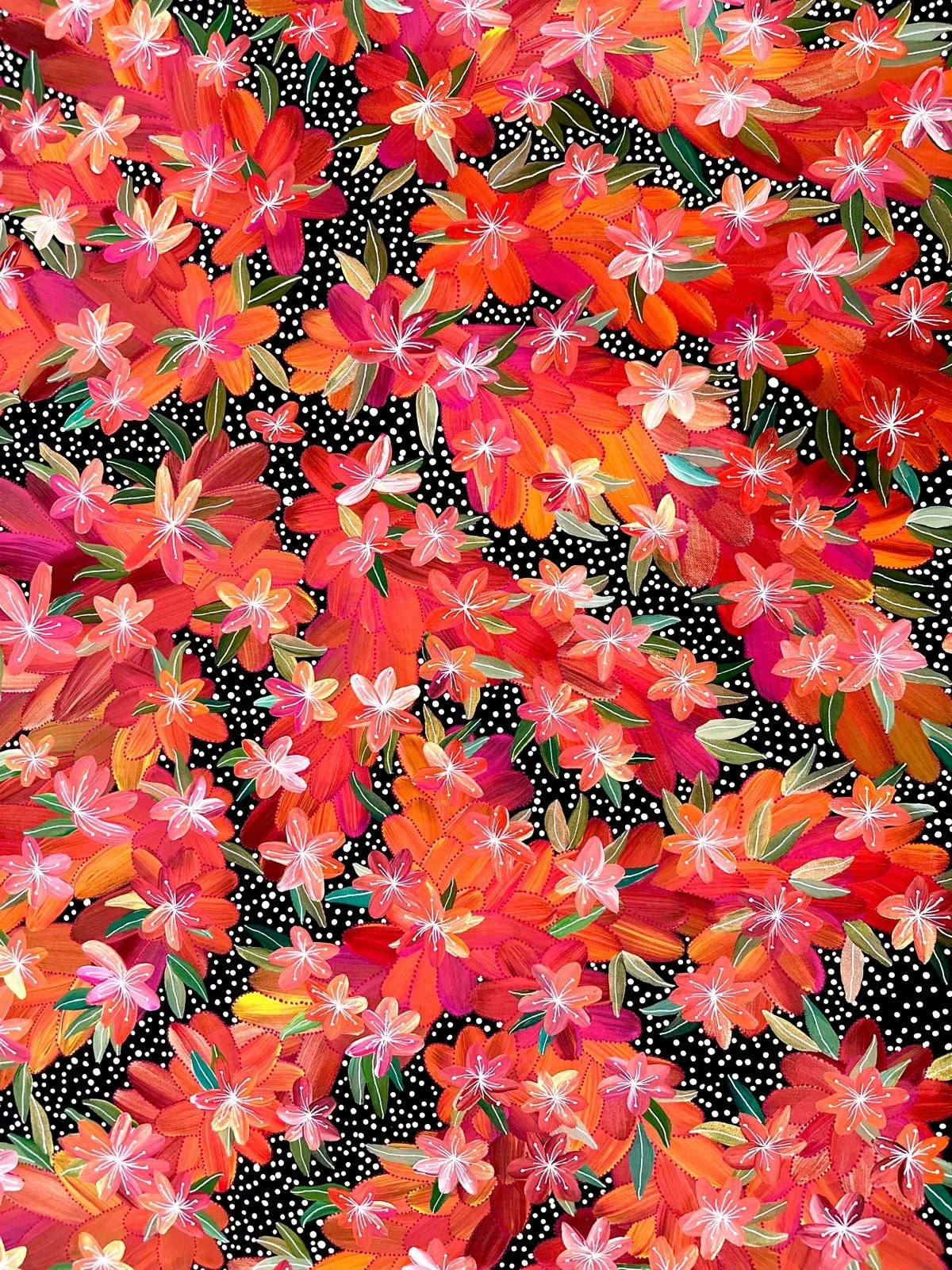 A colorful floral pattern with pink, red, orange, and peach flowers with green leaves on a black background with white dots.