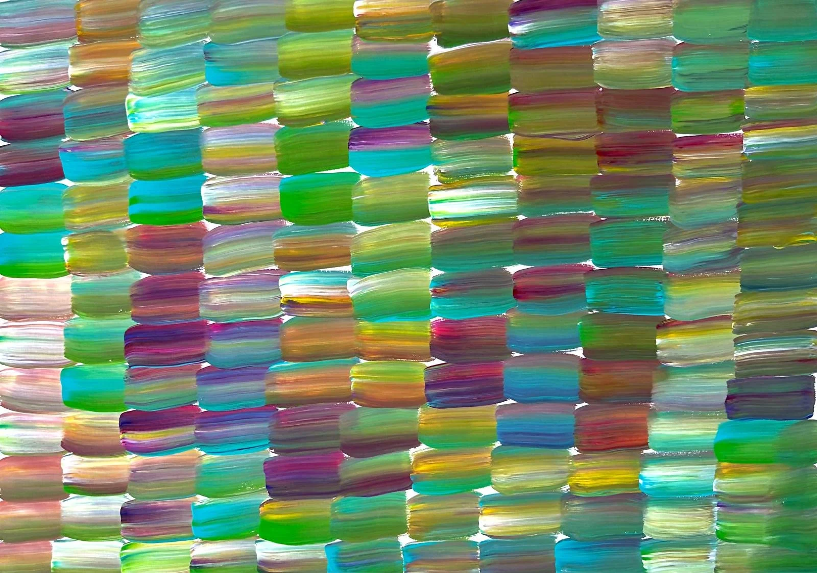 Colorful abstract painting with brushstrokes in various shades of green, blue, purple, pink, yellow, and orange arranged in a grid pattern.