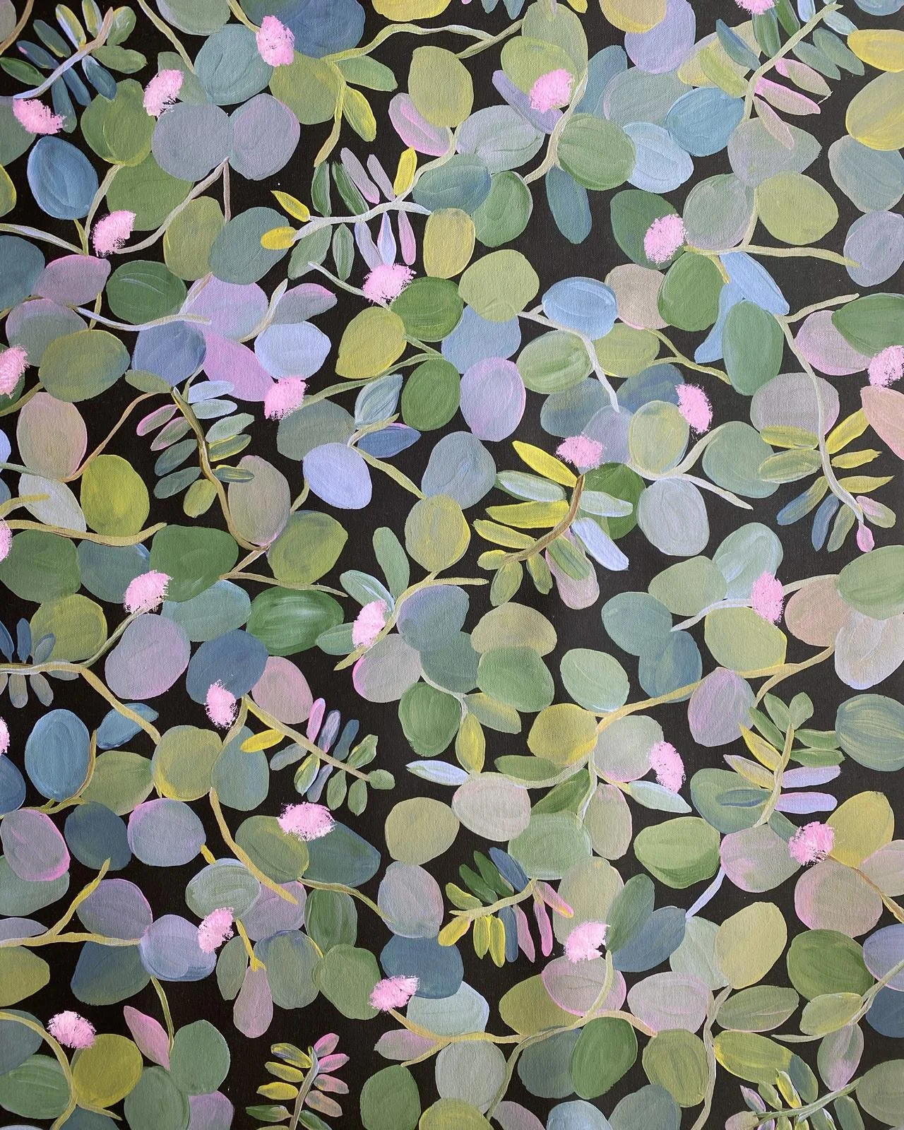 Painted illustration of leaves and small pink flowers on a black background