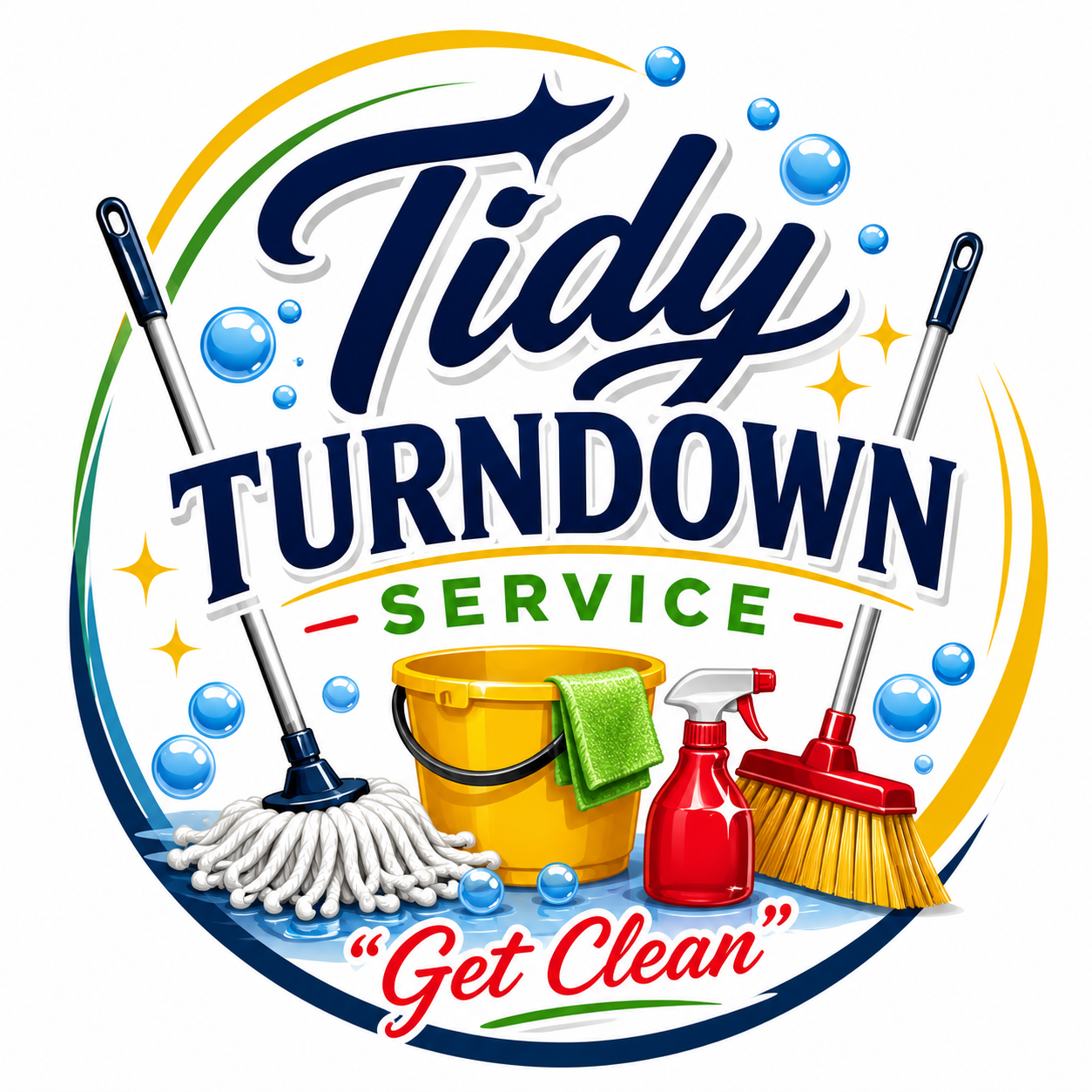 Colorful logo for Tidy Turndown Service with cleaning supplies including mop, bucket, spray bottle, and broom, encouraging cleaning with the slogan 'Get Clean'.