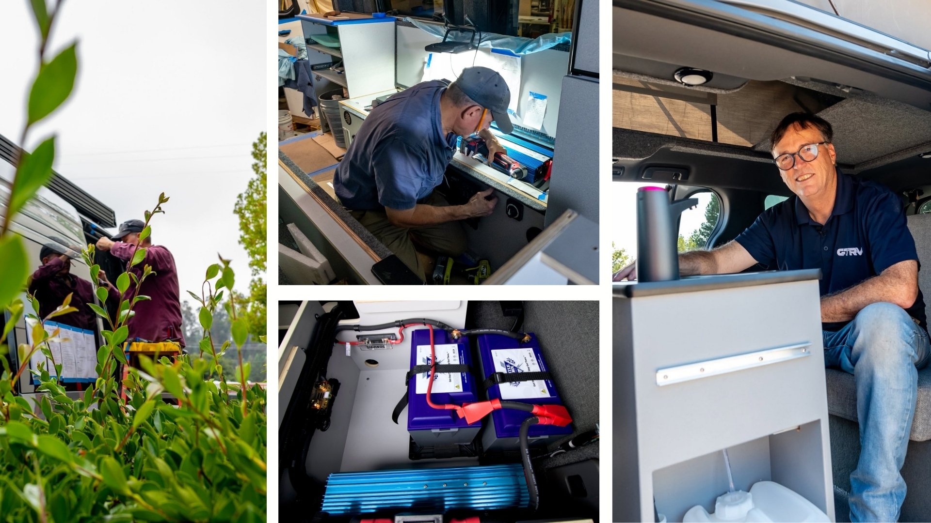 GTRV team performing camper van upgrades including electrical installation, battery setup, and custom cabinetry at the Sebastopol shop