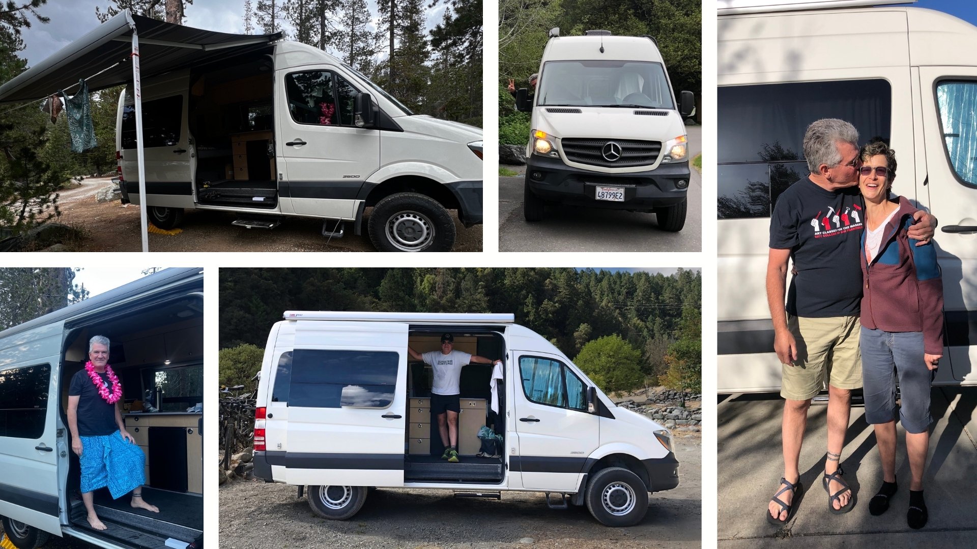 David and Vic with their white GTRV Mercedes Sprinter camper van, shown with the awning out, the interior galley, and the two of them together