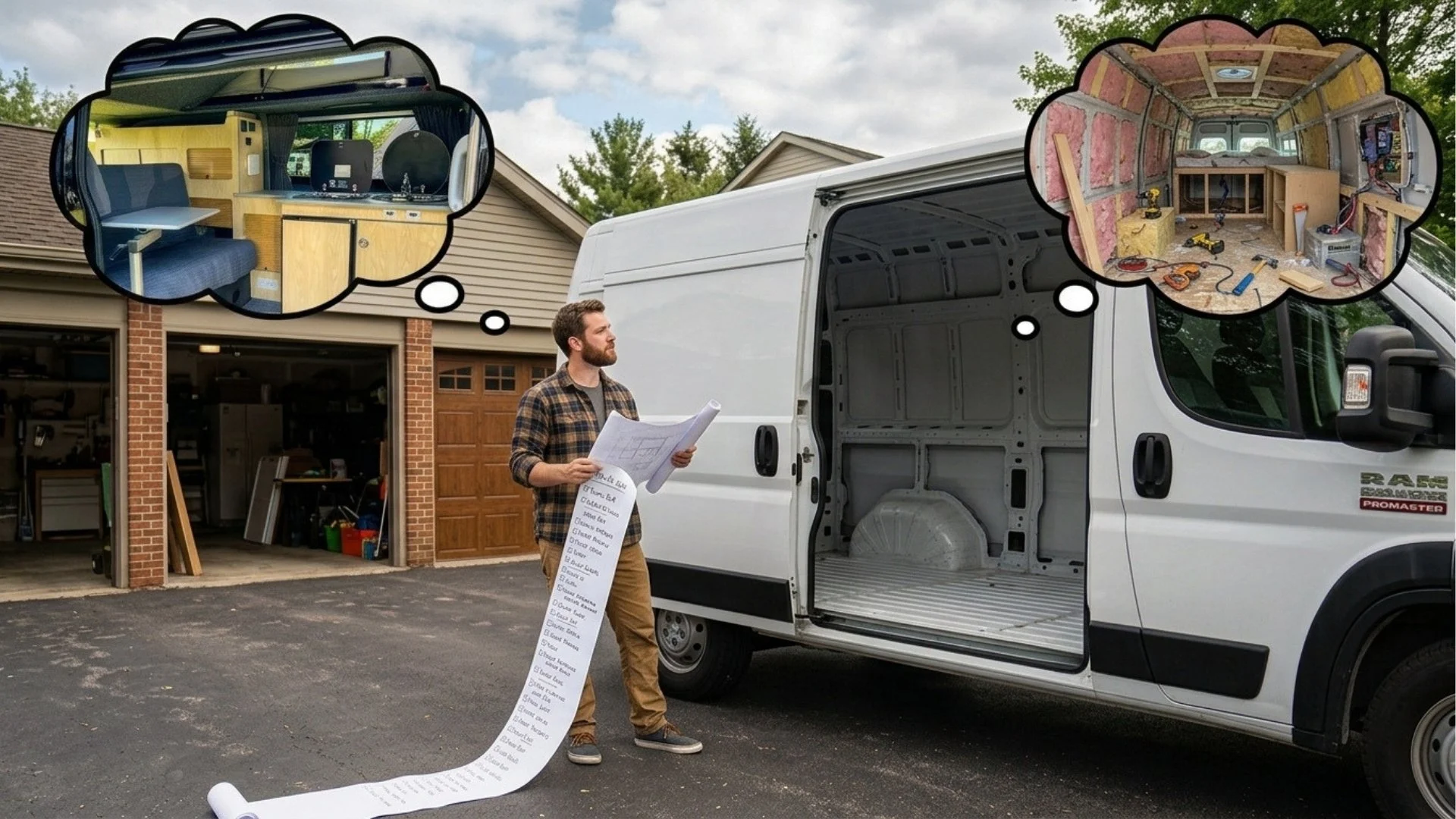 A man studies a long build checklist next to an empty Ram ProMaster cargo van, with two thought bubbles above him showing a finished camper interior and a half-finished DIY conversion.