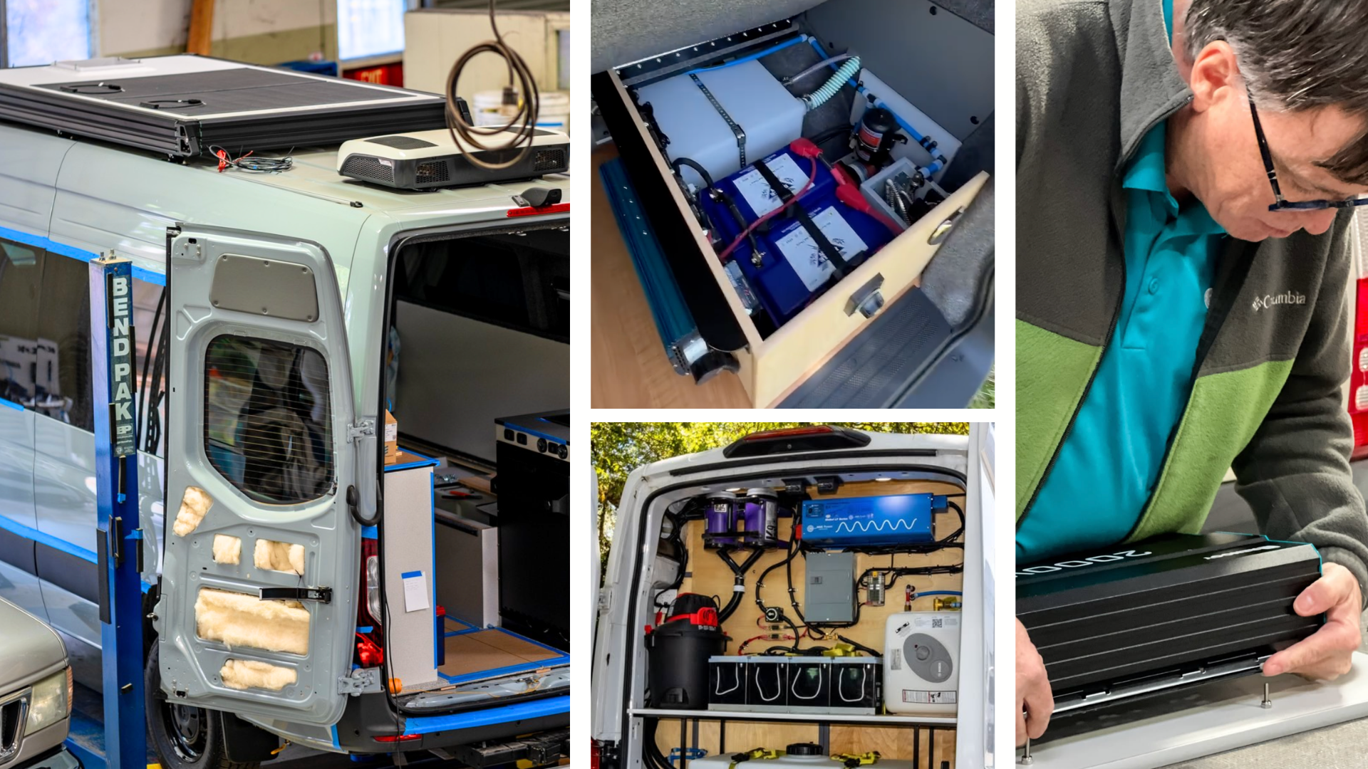 Four views of camper van upgrades at the GTRV workshop: roof solar and fan, a lithium battery box, an electrical panel, and an inverter install.