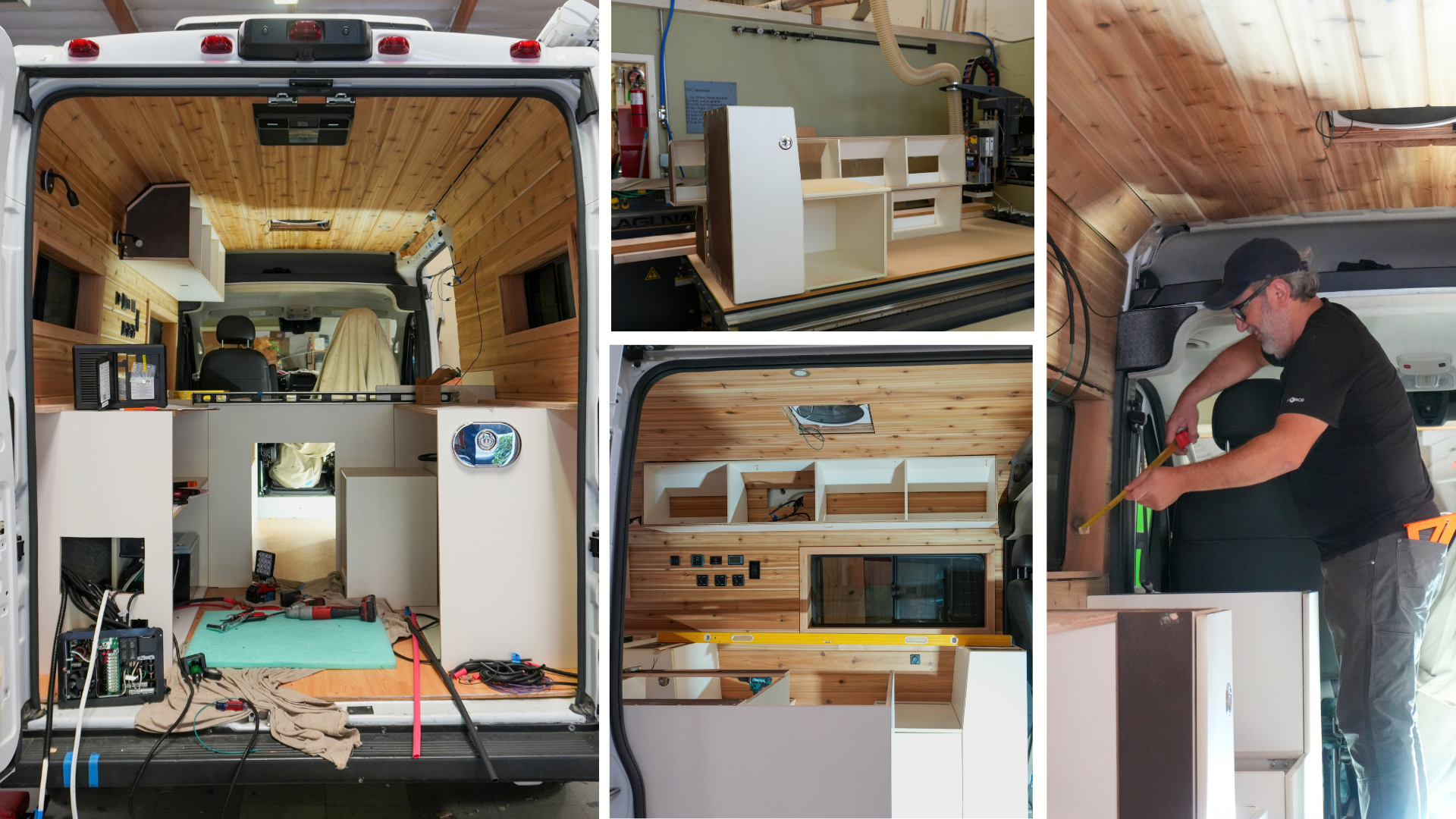 Collage of a GTRV Ram ProMaster camper van build with cedar walls, white cabinets, and electrical work in the workshop.