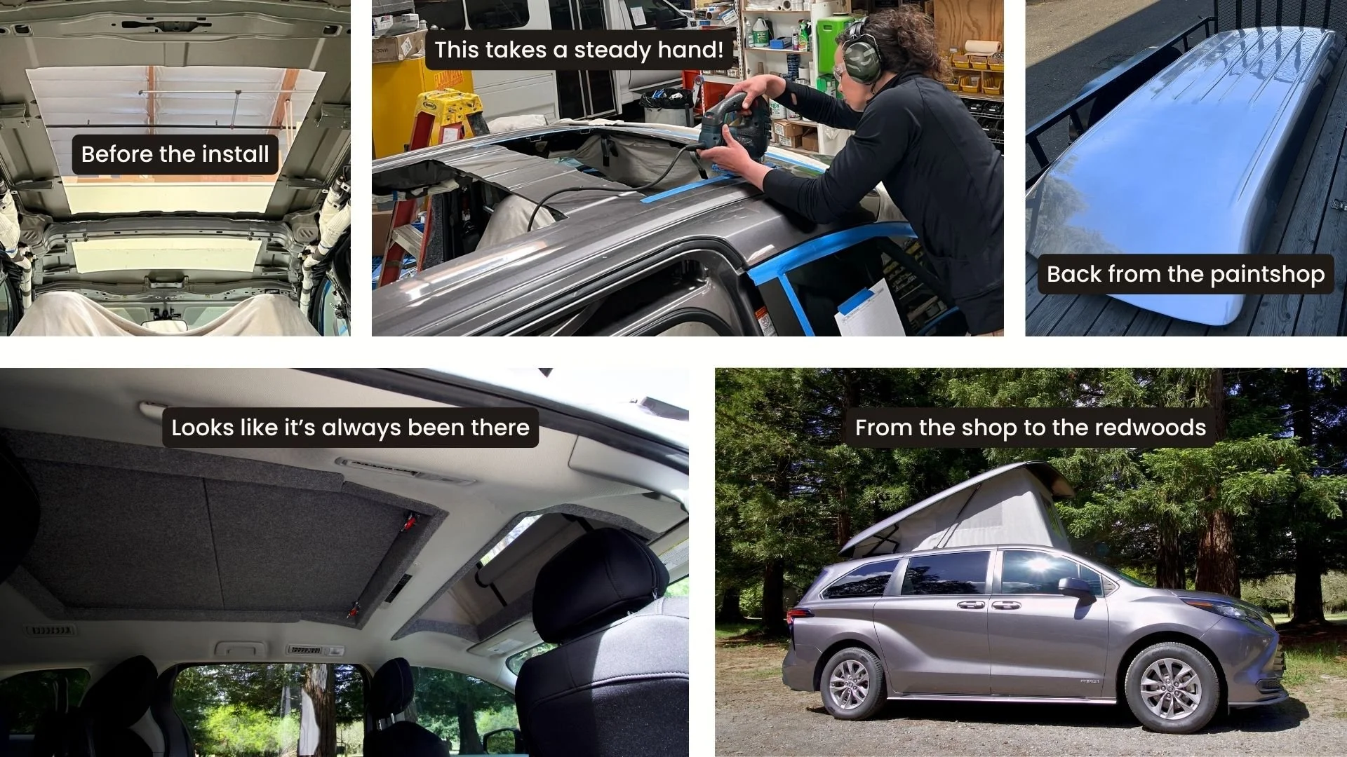 Five stages of a GTRV Toyota Sienna pop-top installation showing the bare roof opening, roof cutting, color-matched top back from paint, finished interior with headliner, and completed Sienna with pop top raised at a campsite.