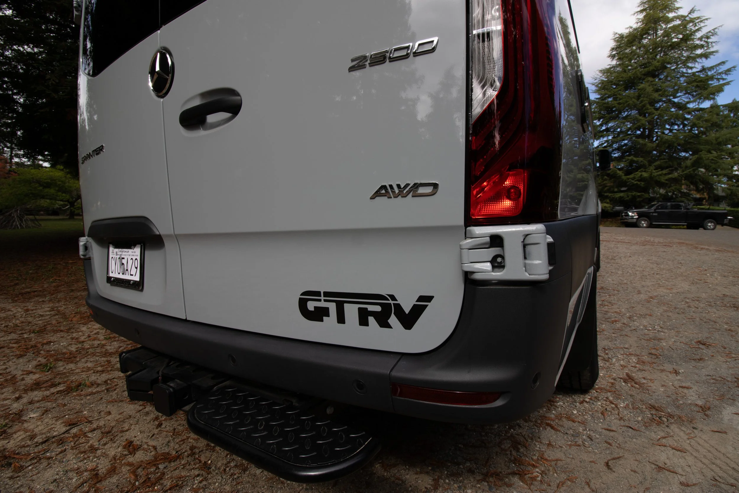 Rear of a Mercedes Sprinter with GTRV logo sticker