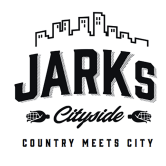 Logo for JARKs Citywide with a city skyline, bold text, and the slogan 'Country Meets City' with two cars