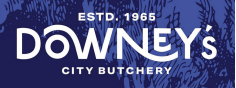 Downey's City Butchery logo with blue background and white text, established 1965.