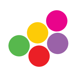 Six brightly colored circles in green, yellow, red, purple, and pink arranged in a pattern on a black background.