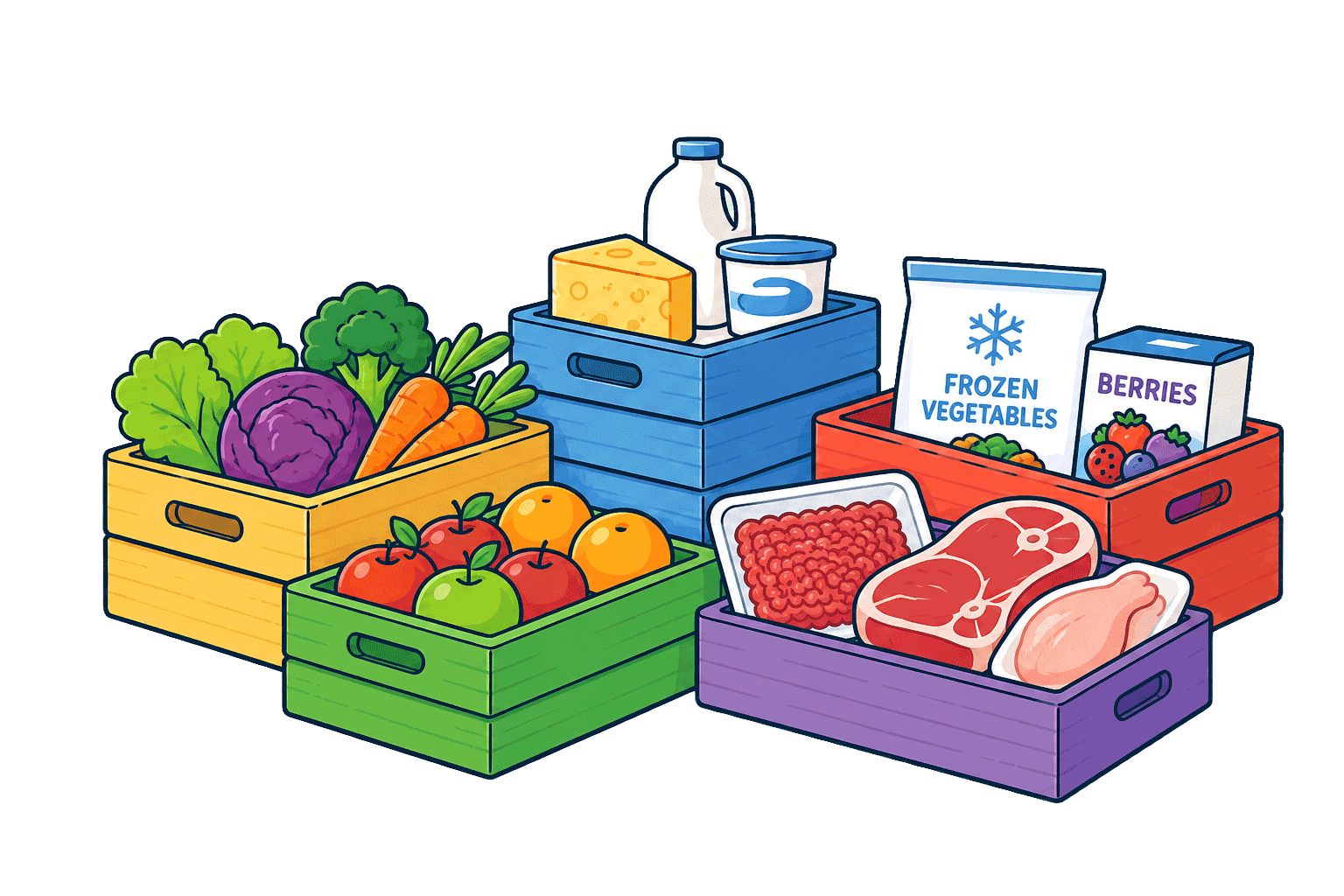 Colorful illustration of various groceries in wooden crates, including vegetables, fruits, meats, dairy, and frozen foods.