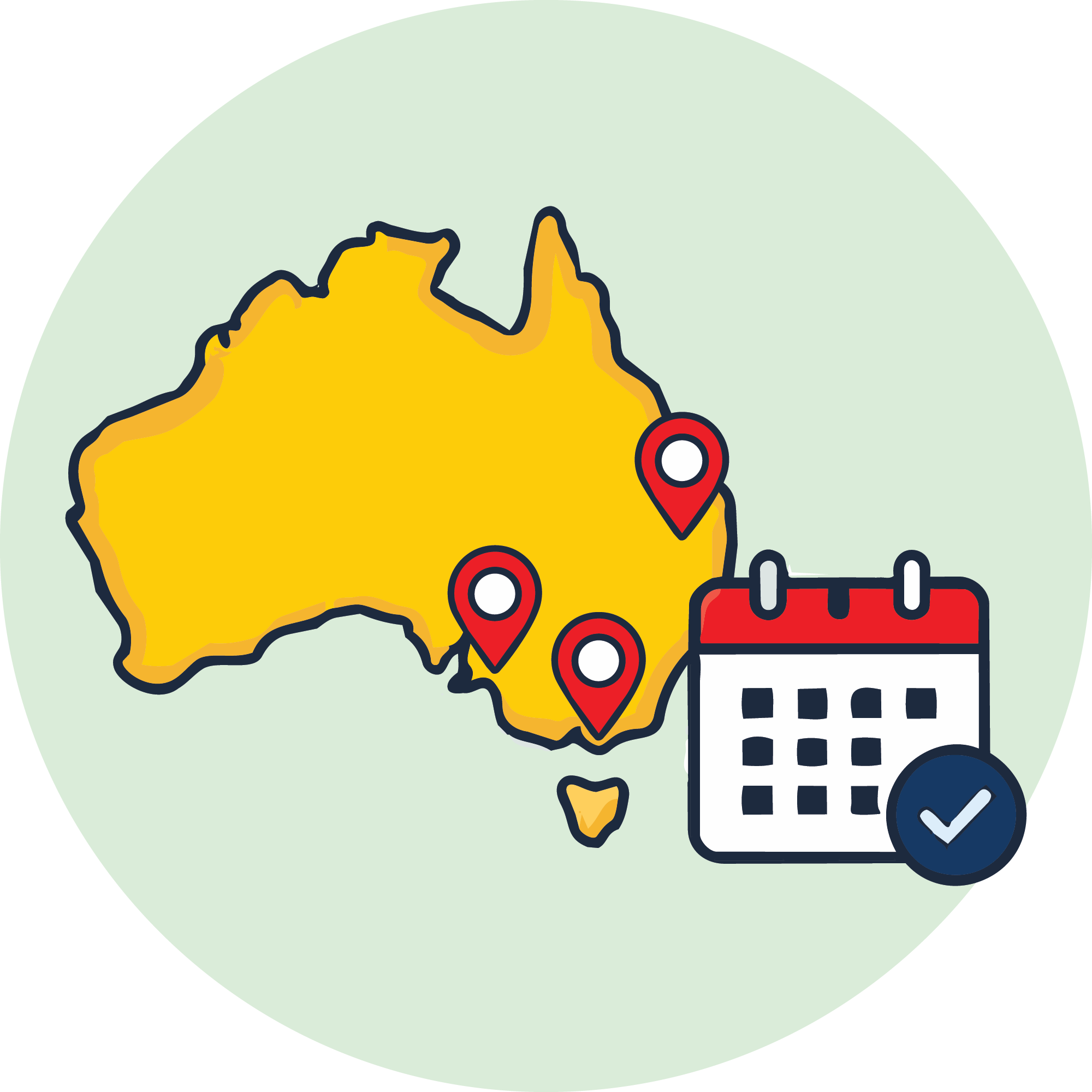 A stylized map of Australia with location markers, a calendar icon, and a heart icon.