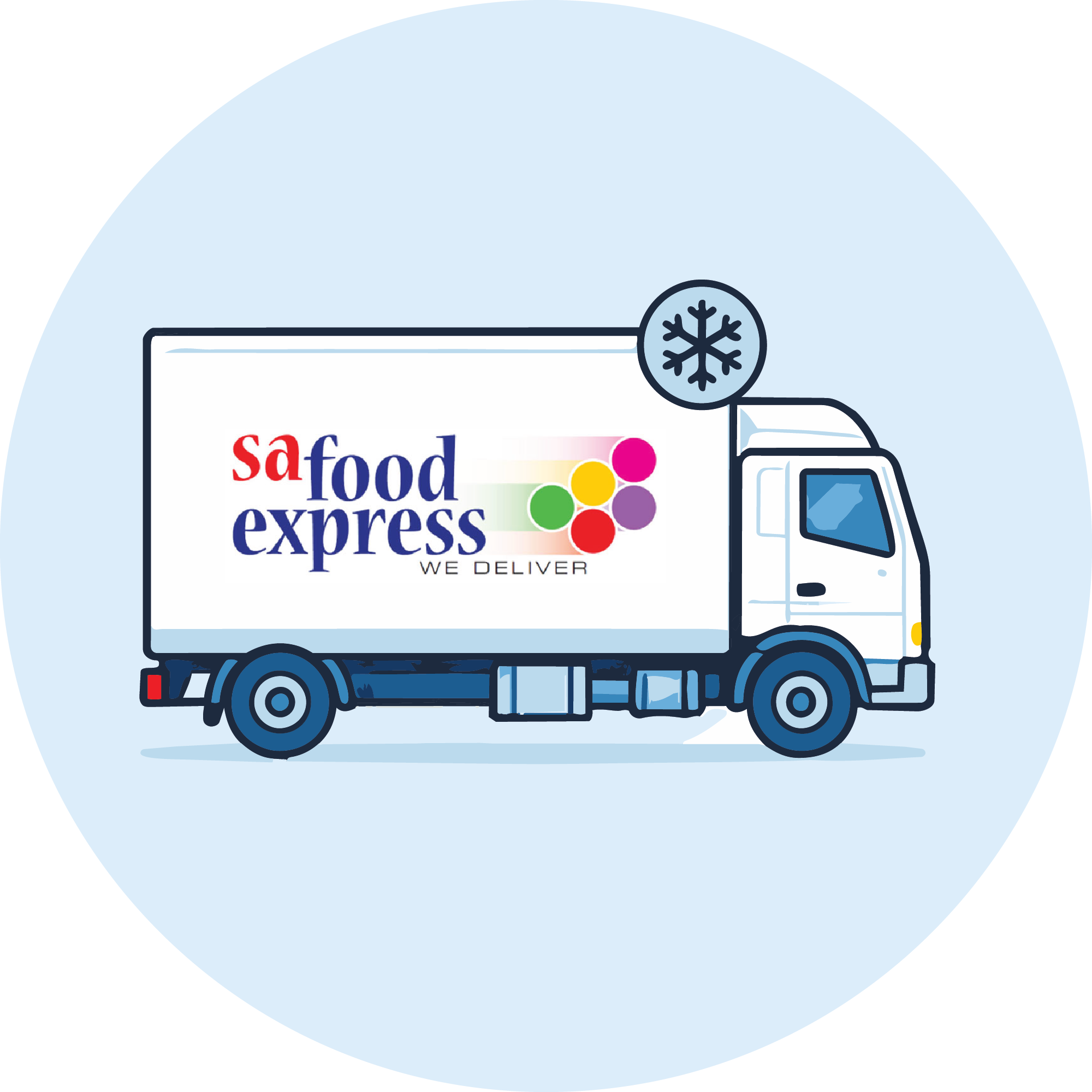 Illustration of a delivery truck with the Saffood Express logo, snowflake symbol indicating cold storage, on a light blue background.