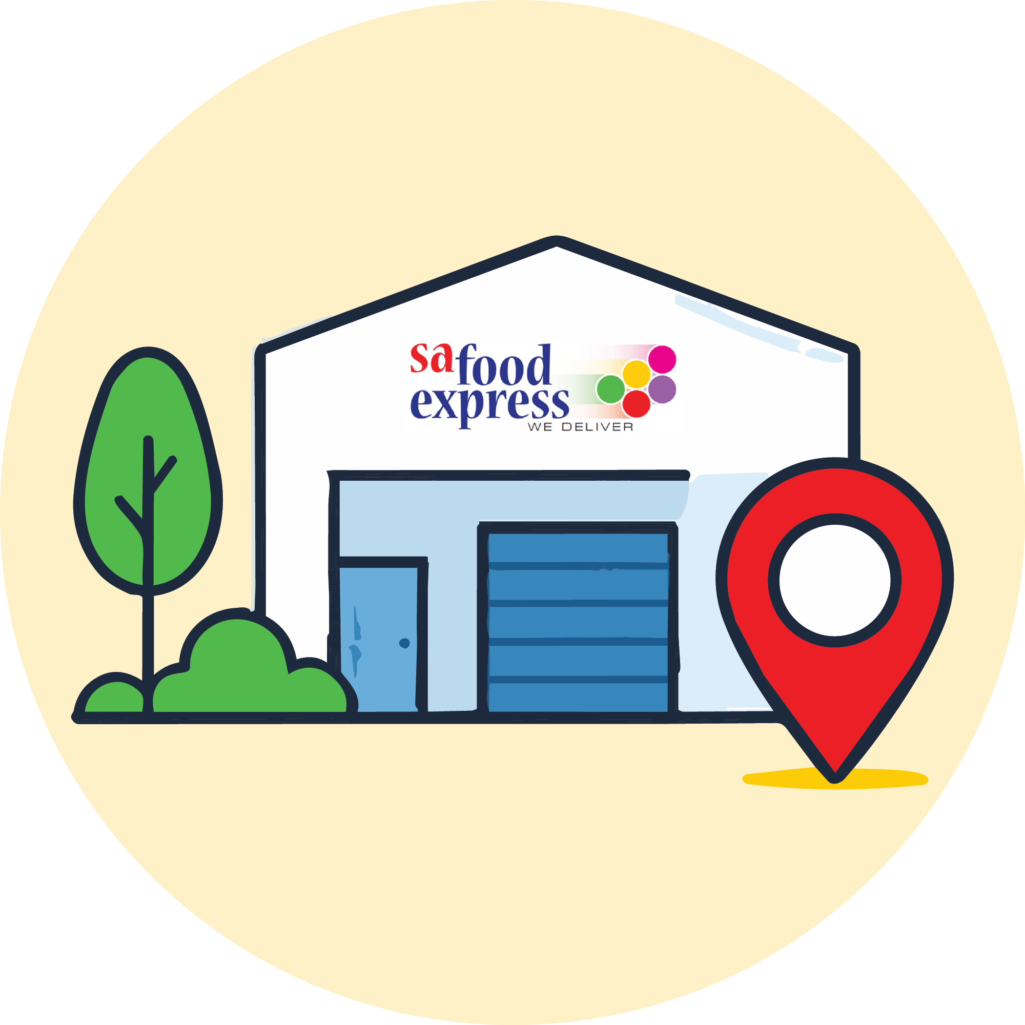 Illustration of a house with trees, a red and white Pokéball, and the logo of 'Sa Food Express' with the slogan 'We Deliver'.