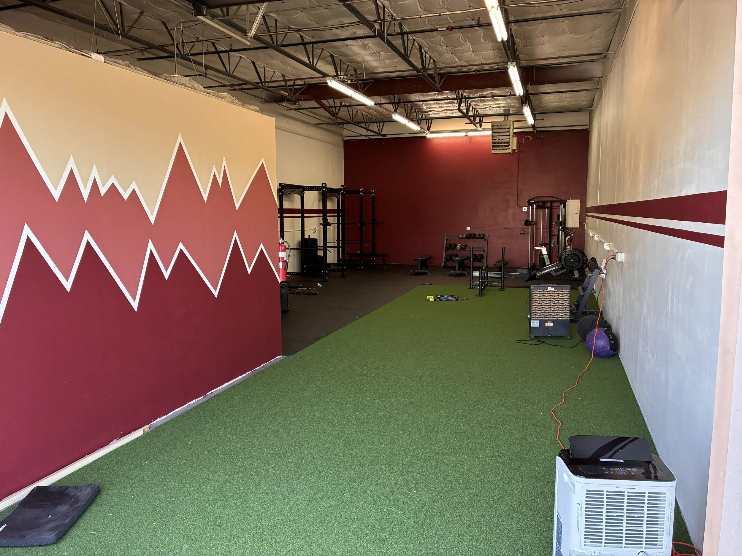 A gym with red and beige walls, green artificial turf flooring, and workout equipment including weights, a rowing machine, and a squat rack.