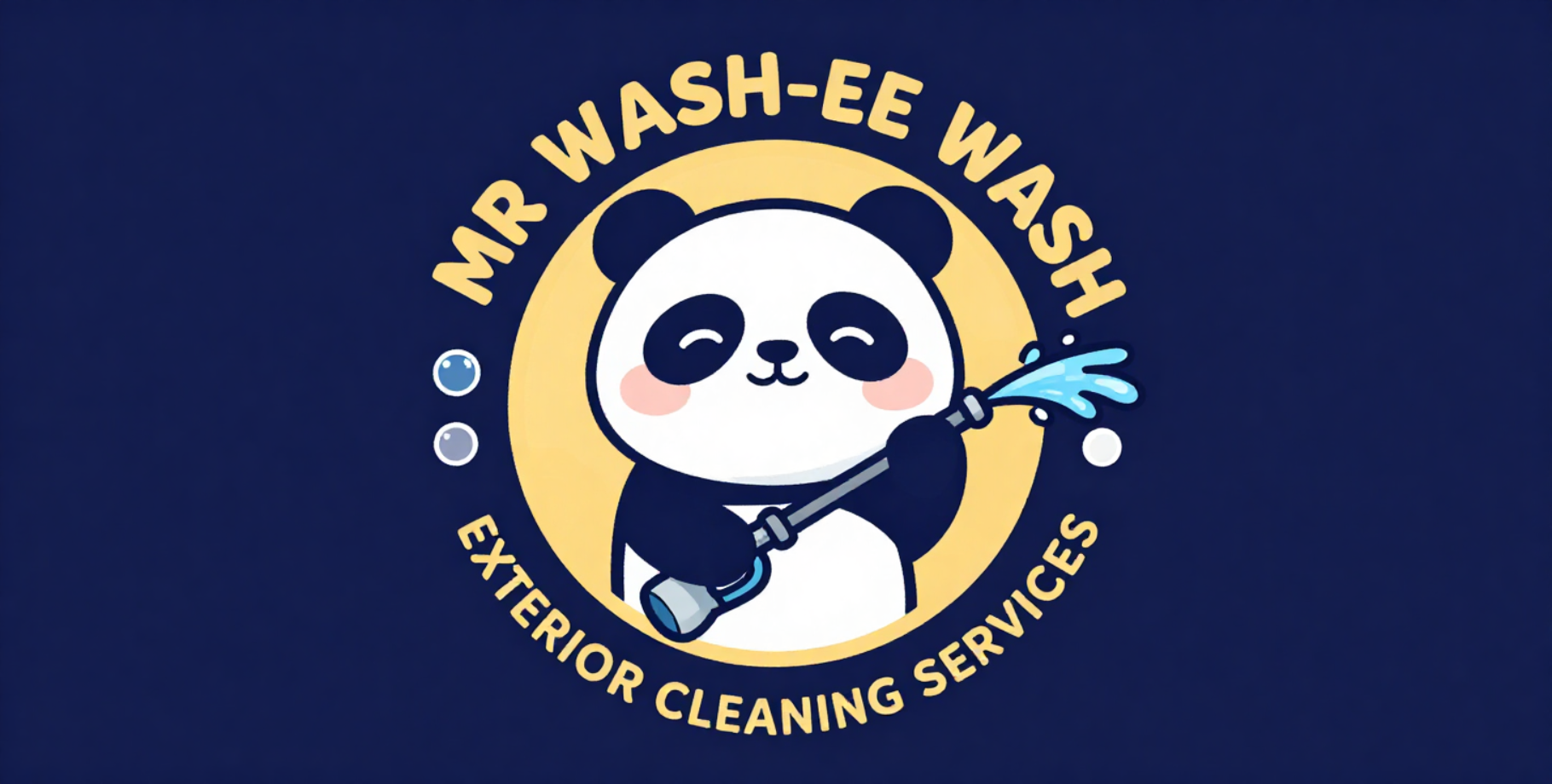 A cartoon panda holding a spray bottle and cleaning the floor with water, surrounded by text that reads 'Mr Wash-Ee Wash - Exterior Cleaning Services' on a dark blue background.