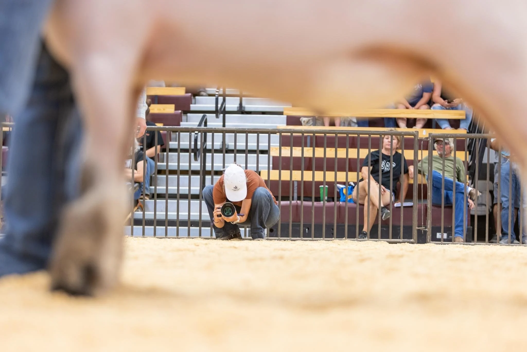 A person wearing a white cap and brown shirt is kneeling and taking a photograph through a fence at a rodeo or outdoor event. In the background, there are spectators seated on bleachers, some watching the event and others using their phones.