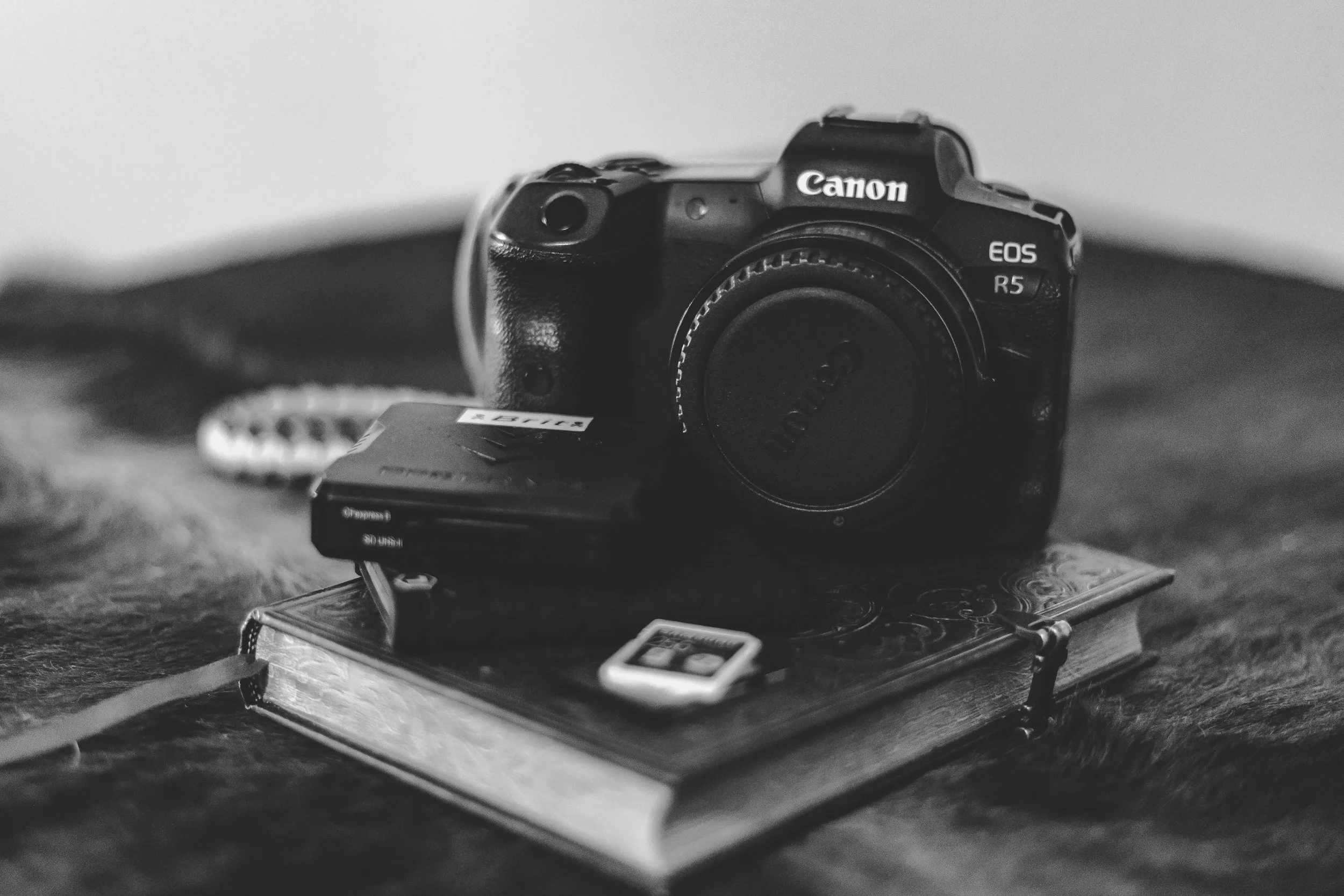 A black and white photograph of a Canon EOS R5 camera placed on an open case, resting on a textured surface.