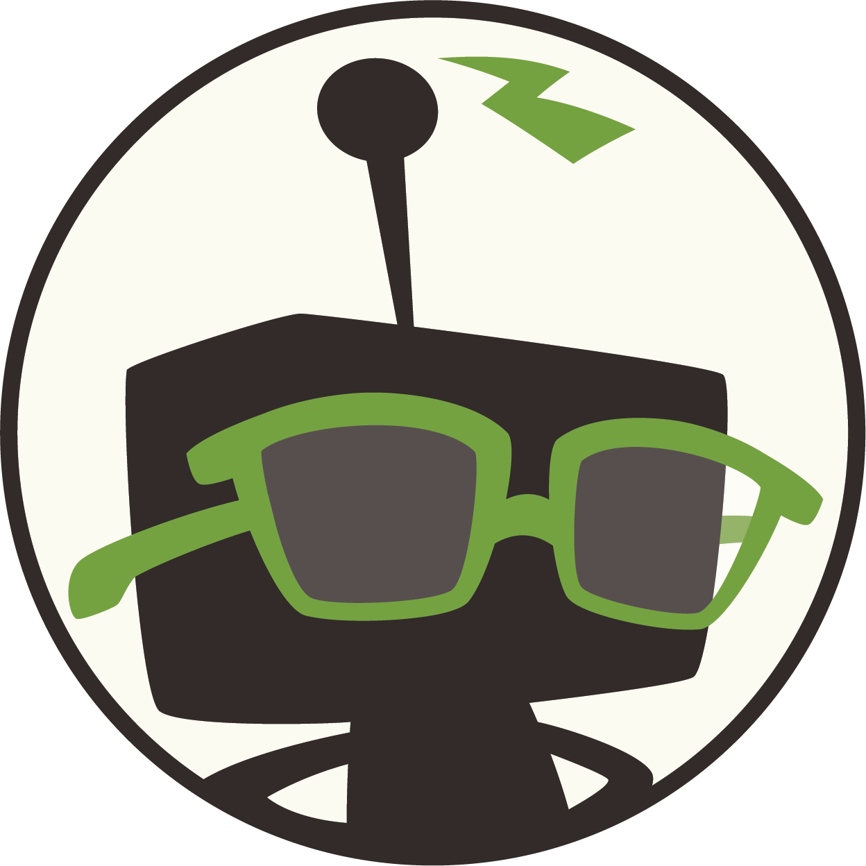 Desktop Nerd mascot mark with green glasses inside a round cream logo badge.