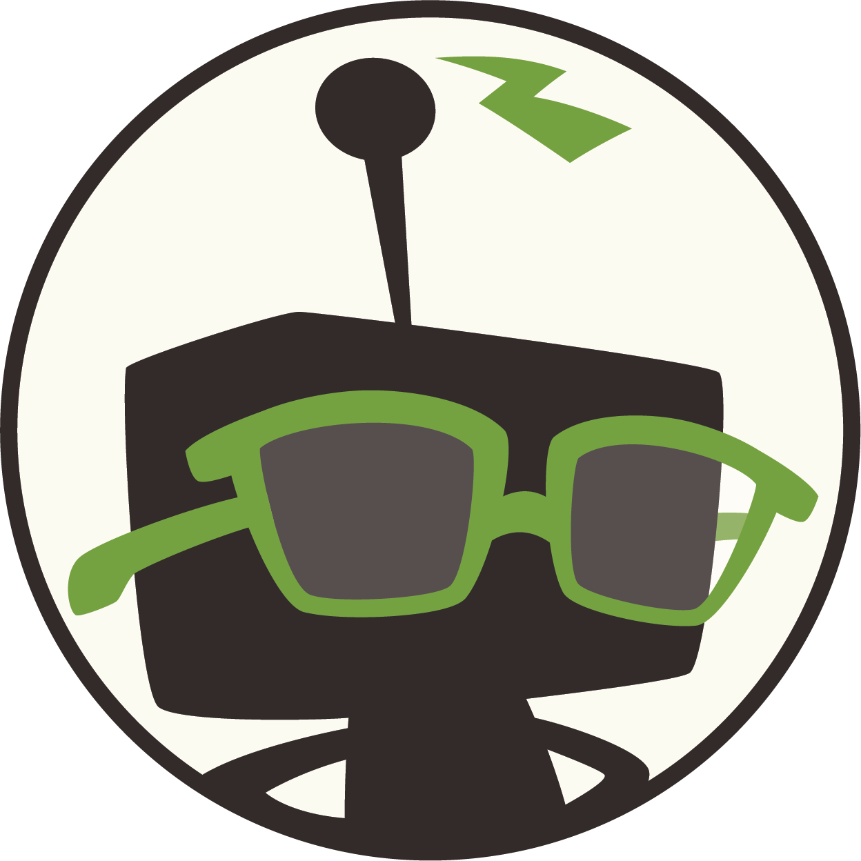 Desktop Nerd mascot mark with green glasses inside a round cream logo badge.