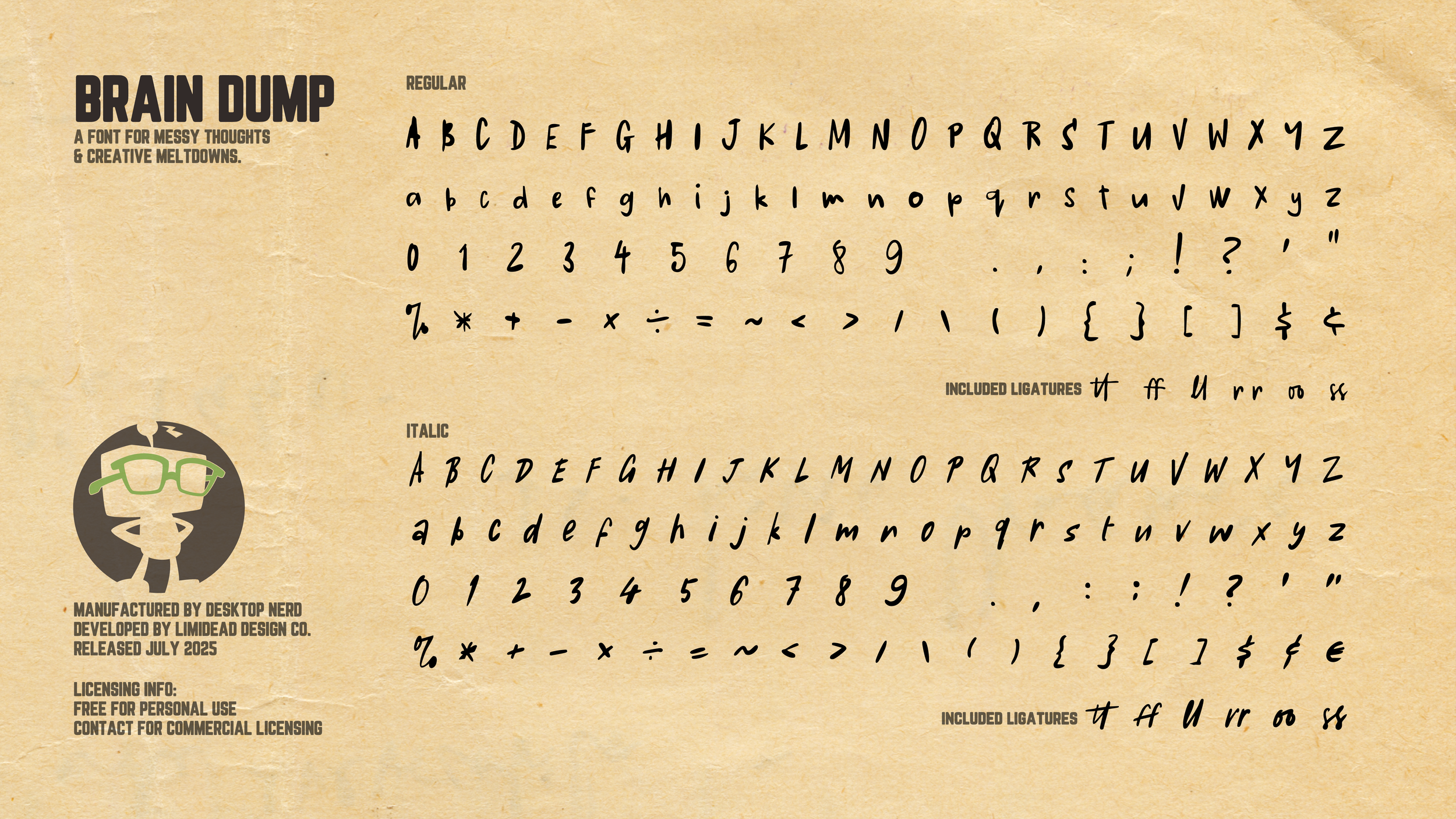 Specimen sheet for the Brain Dump handwritten display font, showing the regular and italic styles, alphabet, numbers, symbols, and sample text.