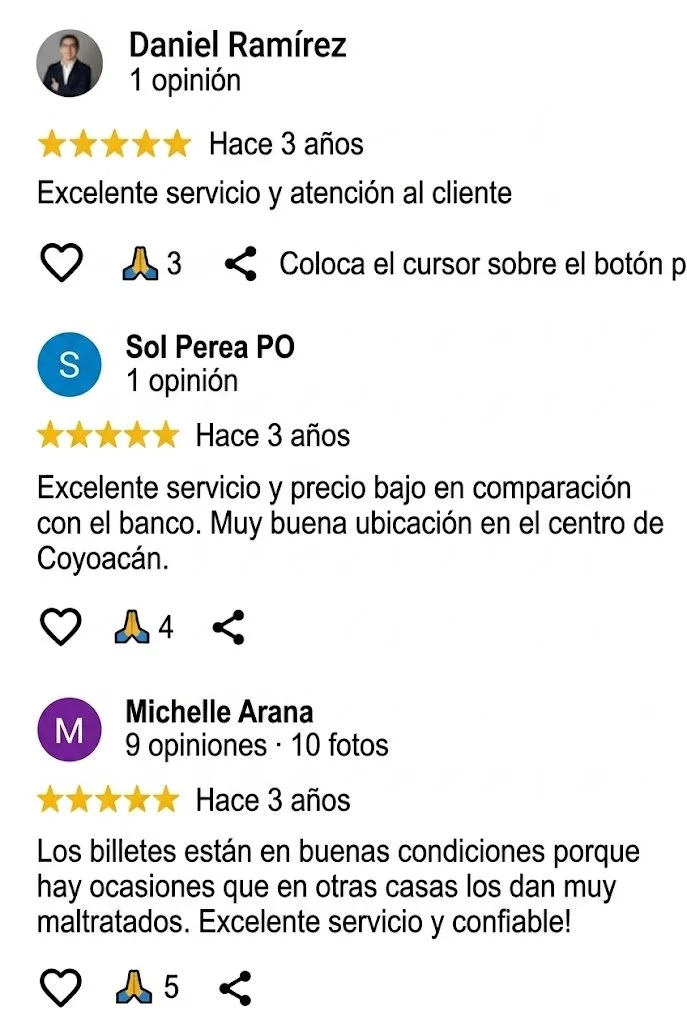 Captura de pantalla de reseñas de clientes en línea, que incluyen nombres, fotos de perfil, fechas de publicación, calificaciones con estrellas, comentarios sobre servicio, ubicación y fotos de billetes, en español latinoamericano.
