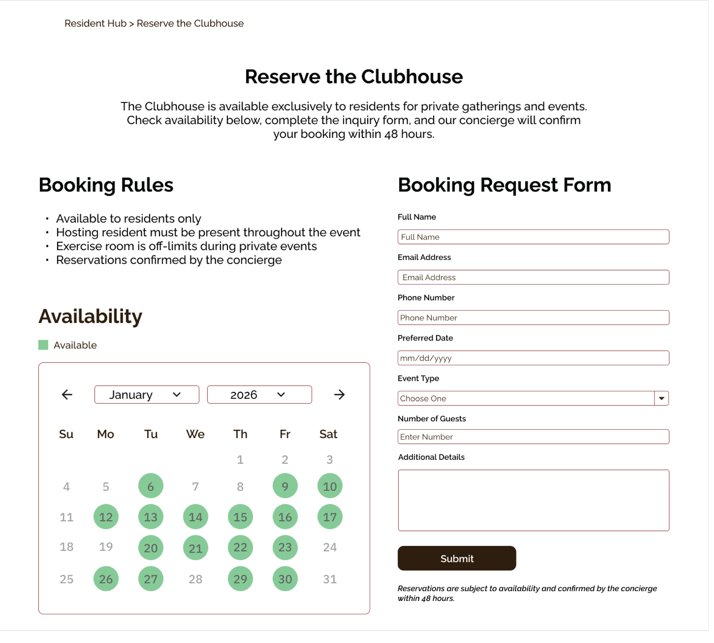 Reserve Clubhouse Request Form Page