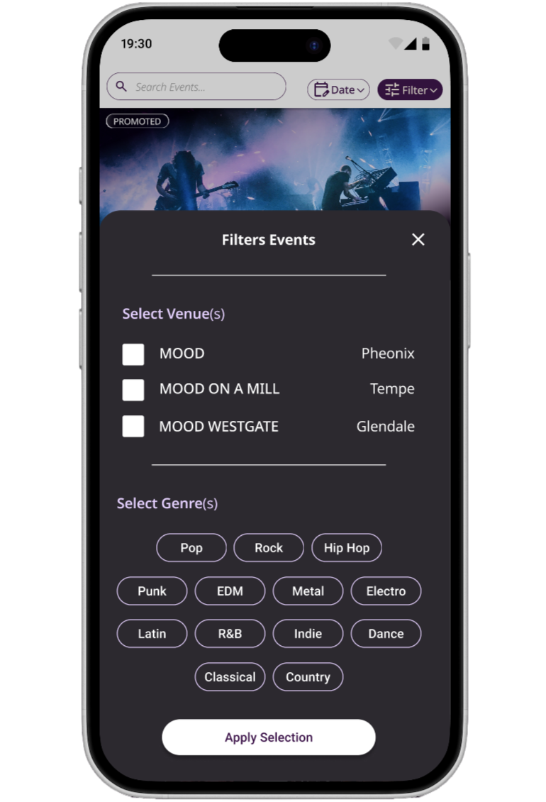 Phone Screen Mood App Filters Pop Up, Venue and Genre