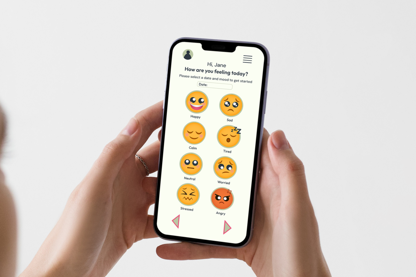 Shaped mockup image of a hand holding a phone with heart log app